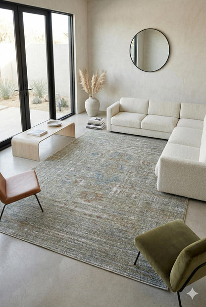 7x10 ft, Green fine quality viscose Rug: Vintage Style carpet