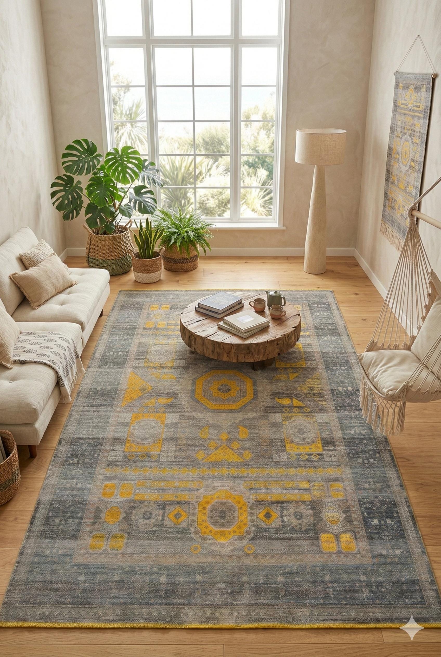 7x10 ft, Yellow Oriental Bamboo Rug: Classic memluk carpet with fringes