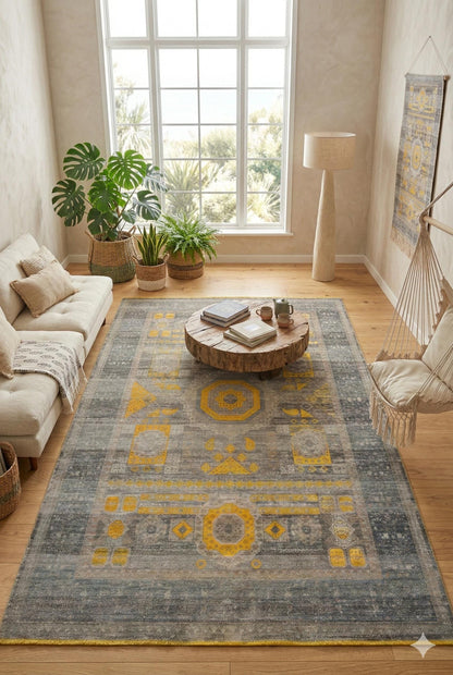 7x10 ft, Yellow Oriental Bamboo Rug: Classic memluk carpet with fringes