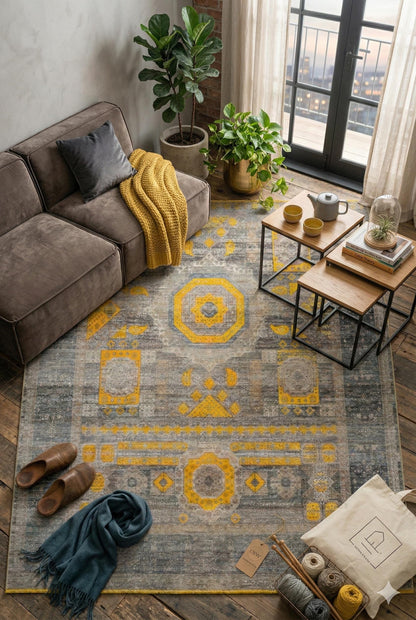 7x10 ft, Yellow Oriental Bamboo Rug: Classic memluk carpet with fringes