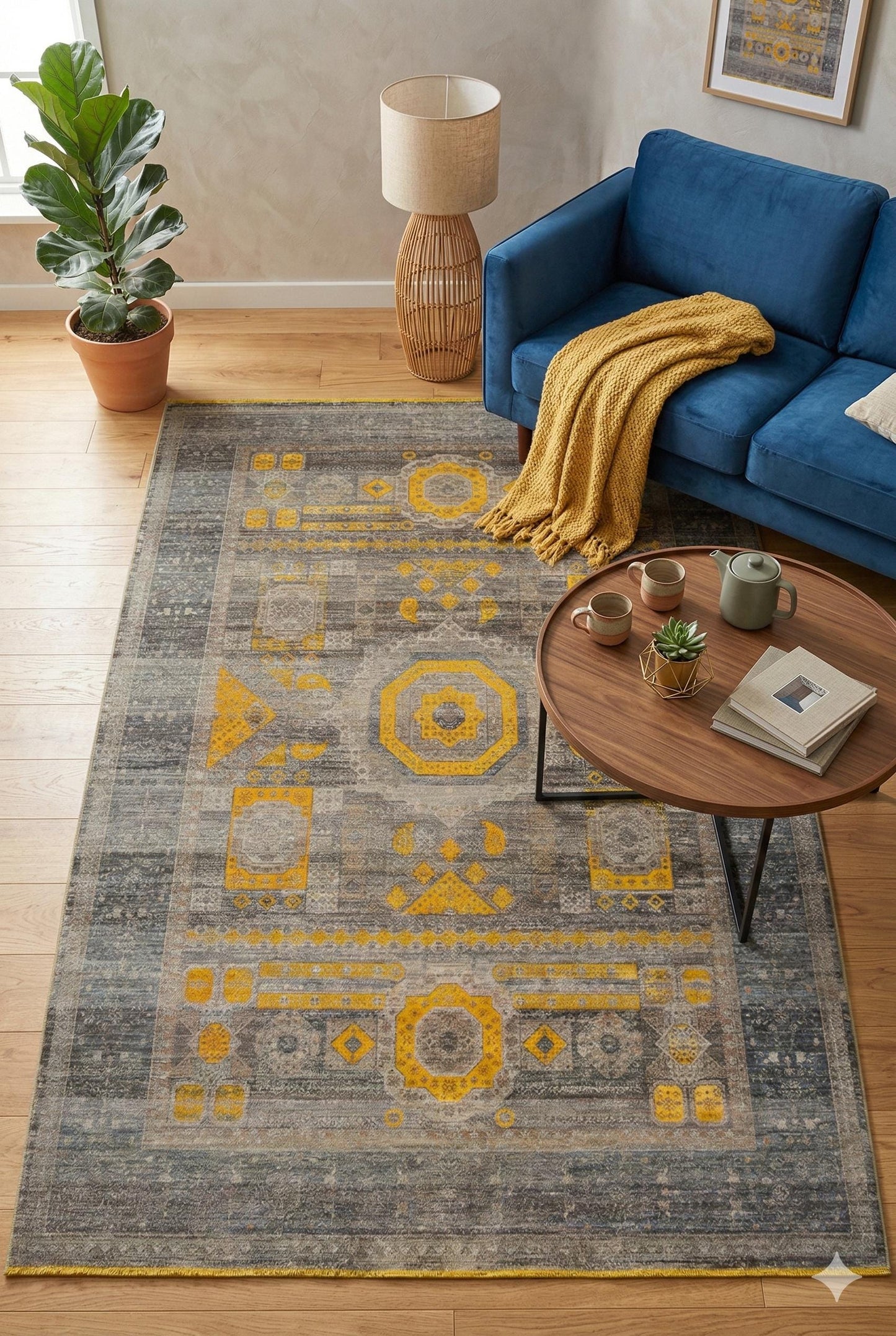 7x10 ft, Yellow Oriental Bamboo Rug: Classic memluk carpet with fringes