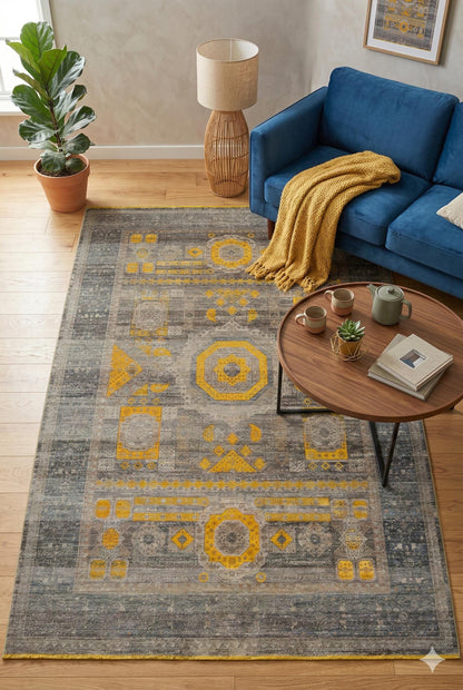 7x10 ft, Yellow Oriental Bamboo Rug: Classic memluk carpet with fringes
