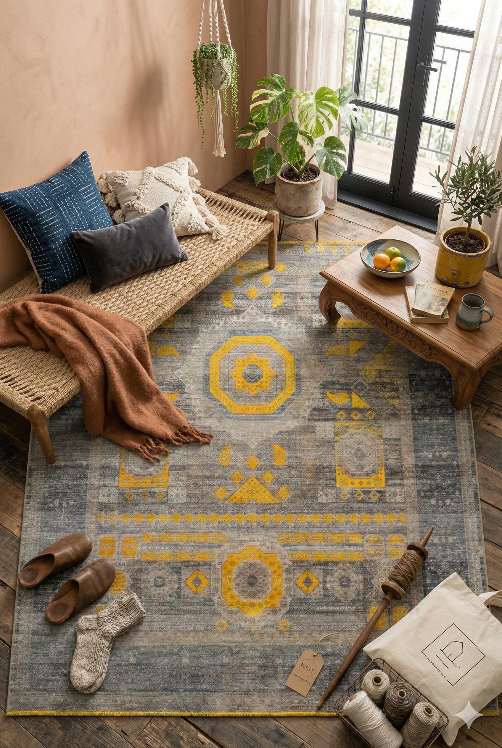 7x10 ft, Yellow Oriental Bamboo Rug: Classic memluk carpet with fringes