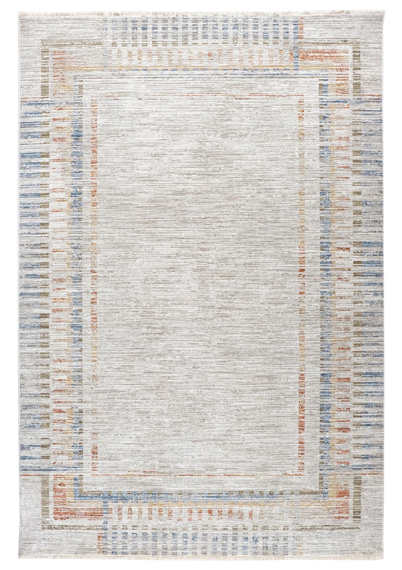 Light Gray Abstract Area Rug – Geometric Border, Neutral Boho Decor, 7x10ft