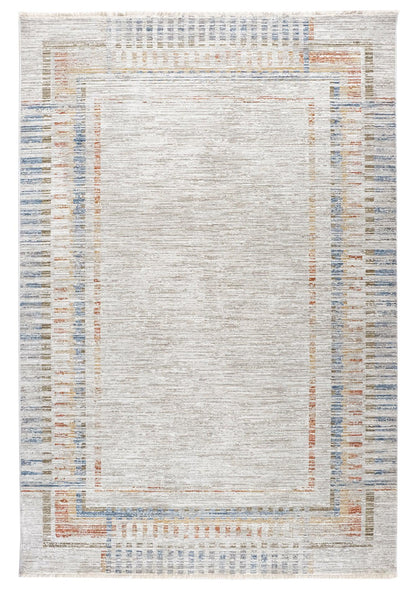 Light Gray Abstract Area Rug – Geometric Border, Neutral Boho Decor, 7x10ft