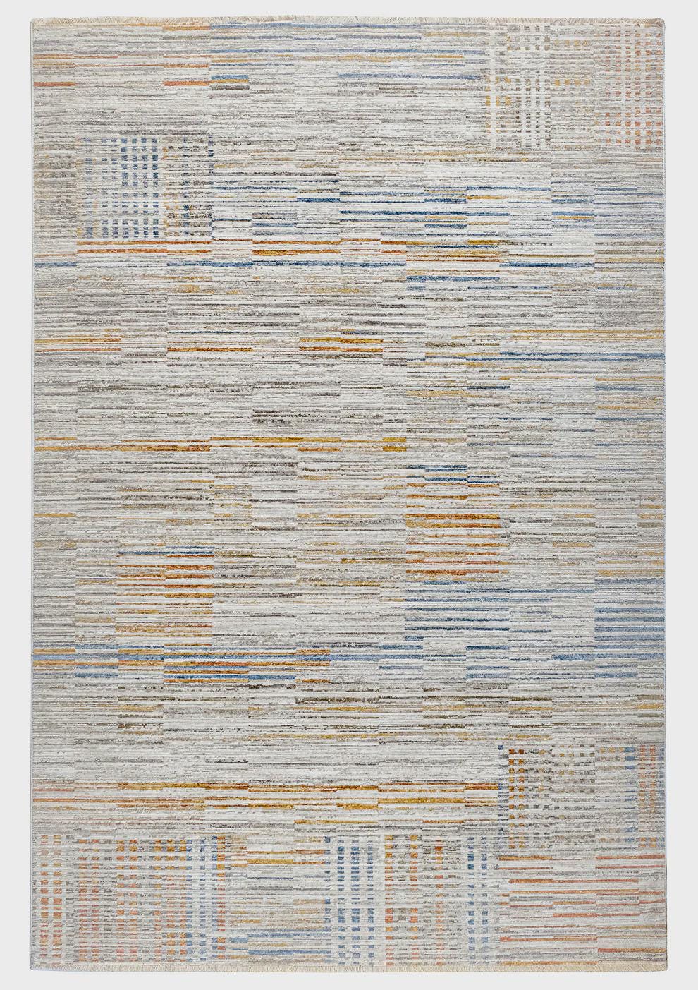 Modern Abstract Area Rug – Earthy Blue, Ochre, Grey Stripes (200x290cm)