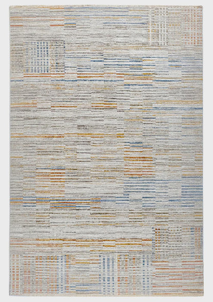 Modern Abstract Area Rug – Earthy Blue, Ochre, Grey Stripes (200x290cm)