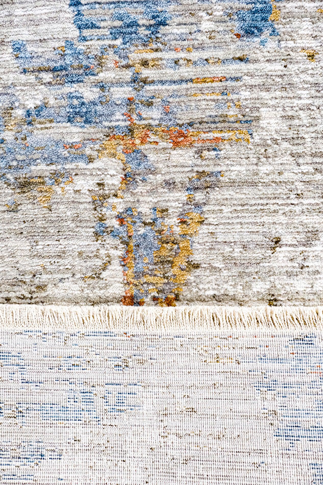 Abstract Area Rug | Distressed Impressionist Style, Blue Ochre Terracotta (7x10ft)