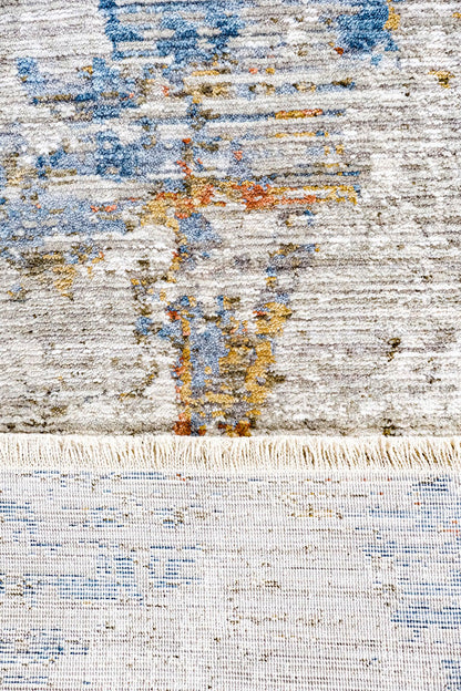 Abstract Area Rug | Distressed Impressionist Style, Blue Ochre Terracotta (7x10ft)