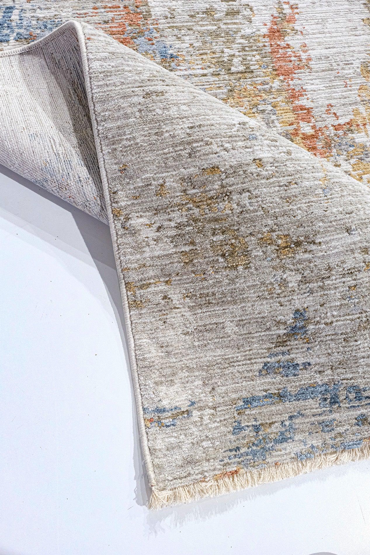Abstract Area Rug | Distressed Impressionist Style, Blue Ochre Terracotta (7x10ft)