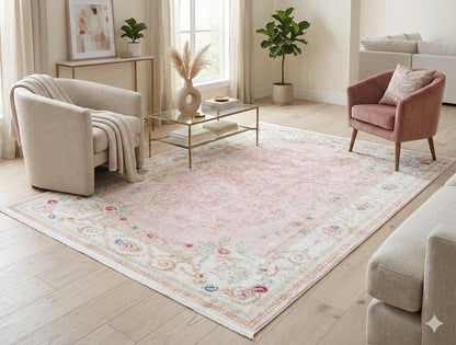 Charming Washable Pink Rug: Vintage Floral Design for a Cozy Home