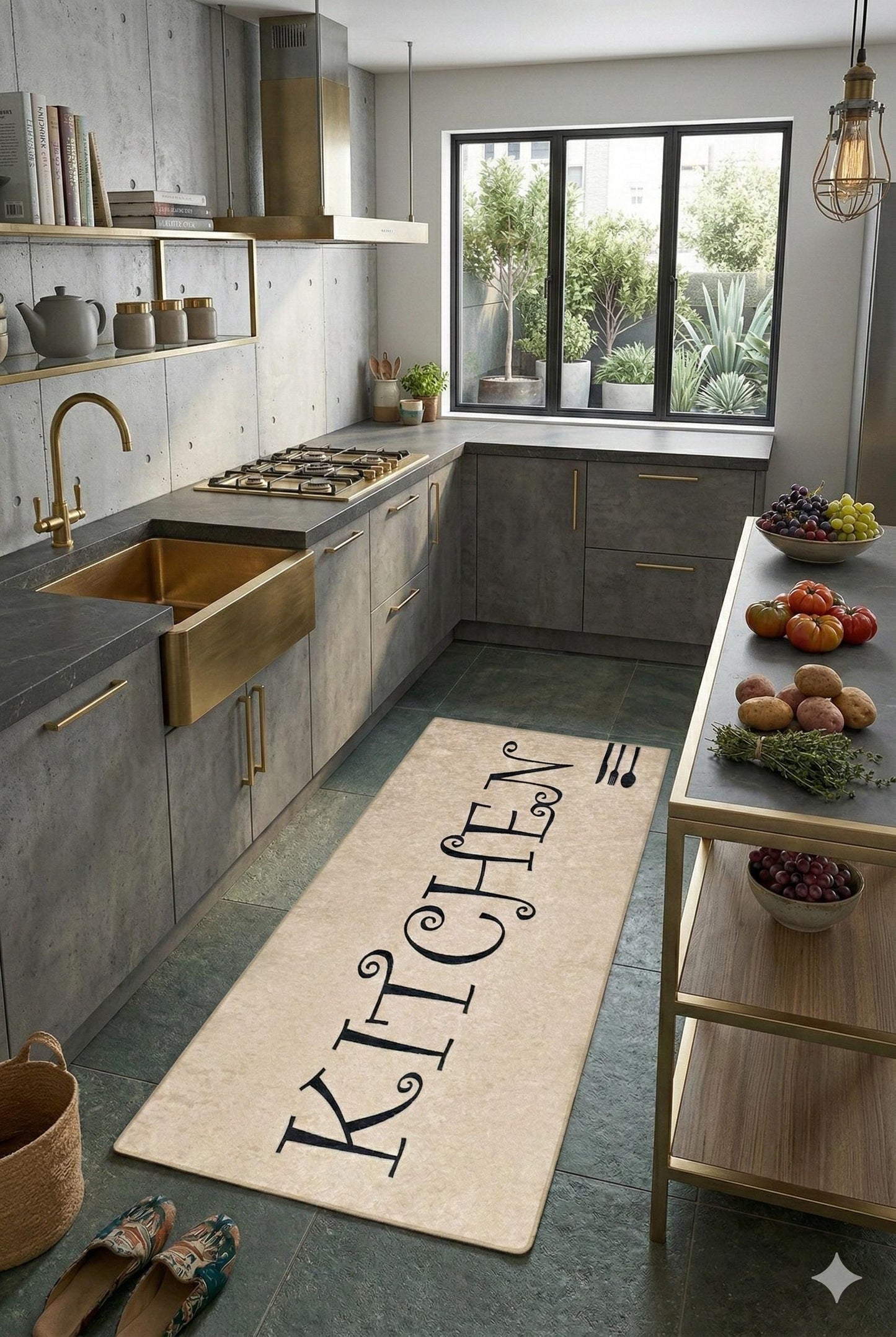 Large Kitchen Runner Mat, Decorative Calligraphy, Farmhouse Floor Rug