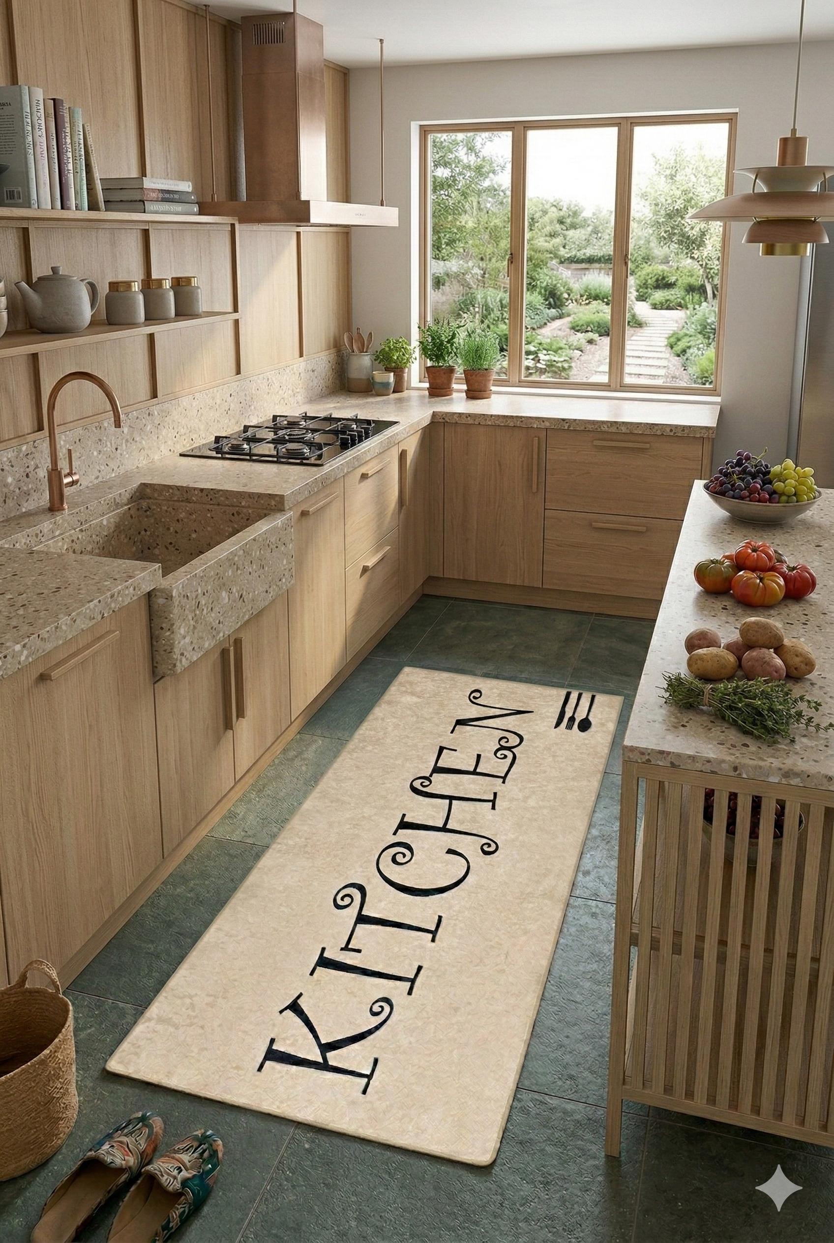 Large Kitchen Runner Mat, Decorative Calligraphy, Farmhouse Floor Rug
