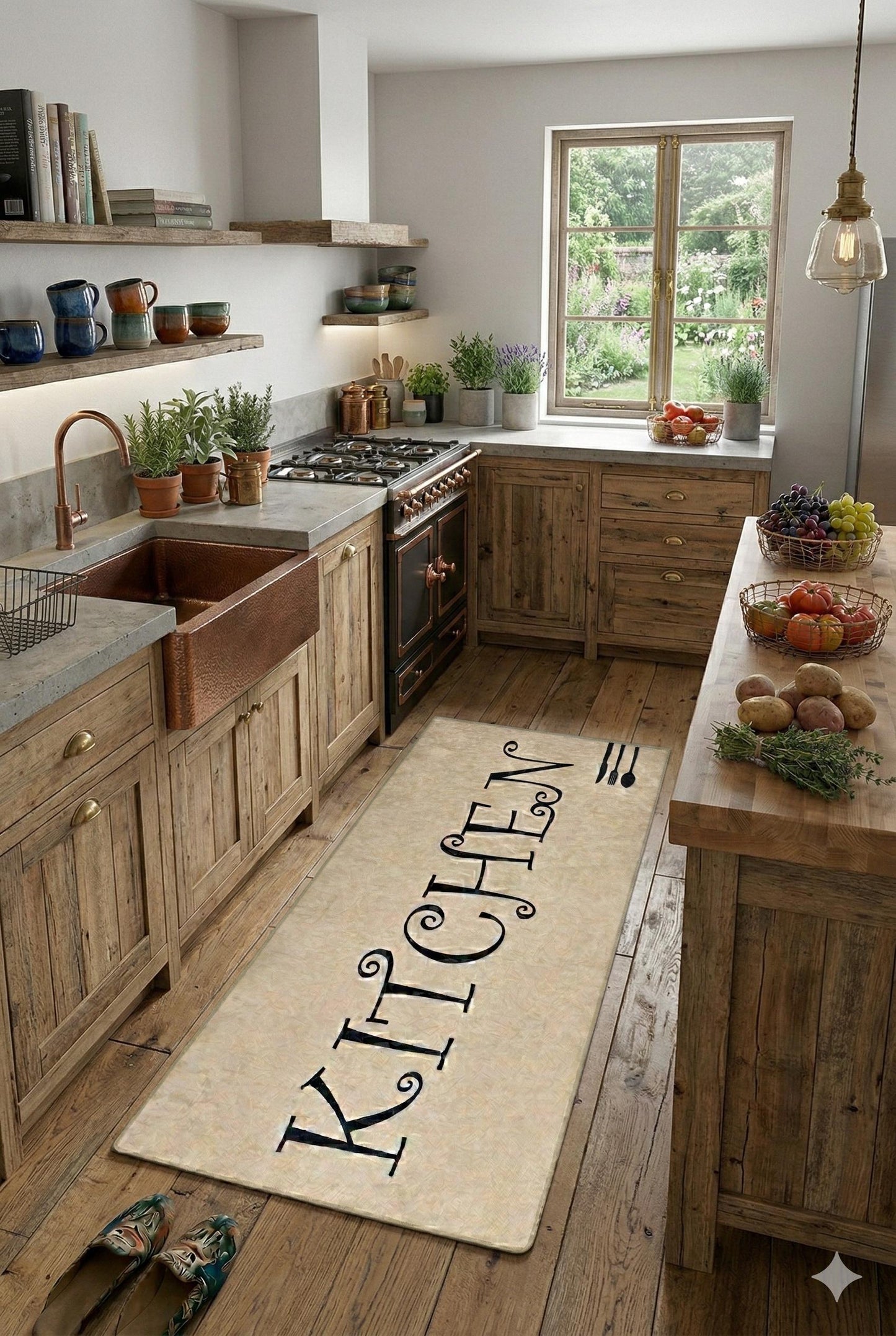 Large Kitchen Runner Mat, Decorative Calligraphy, Farmhouse Floor Rug