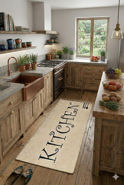 Large Kitchen Runner Mat, Decorative Calligraphy, Farmhouse Floor Rug