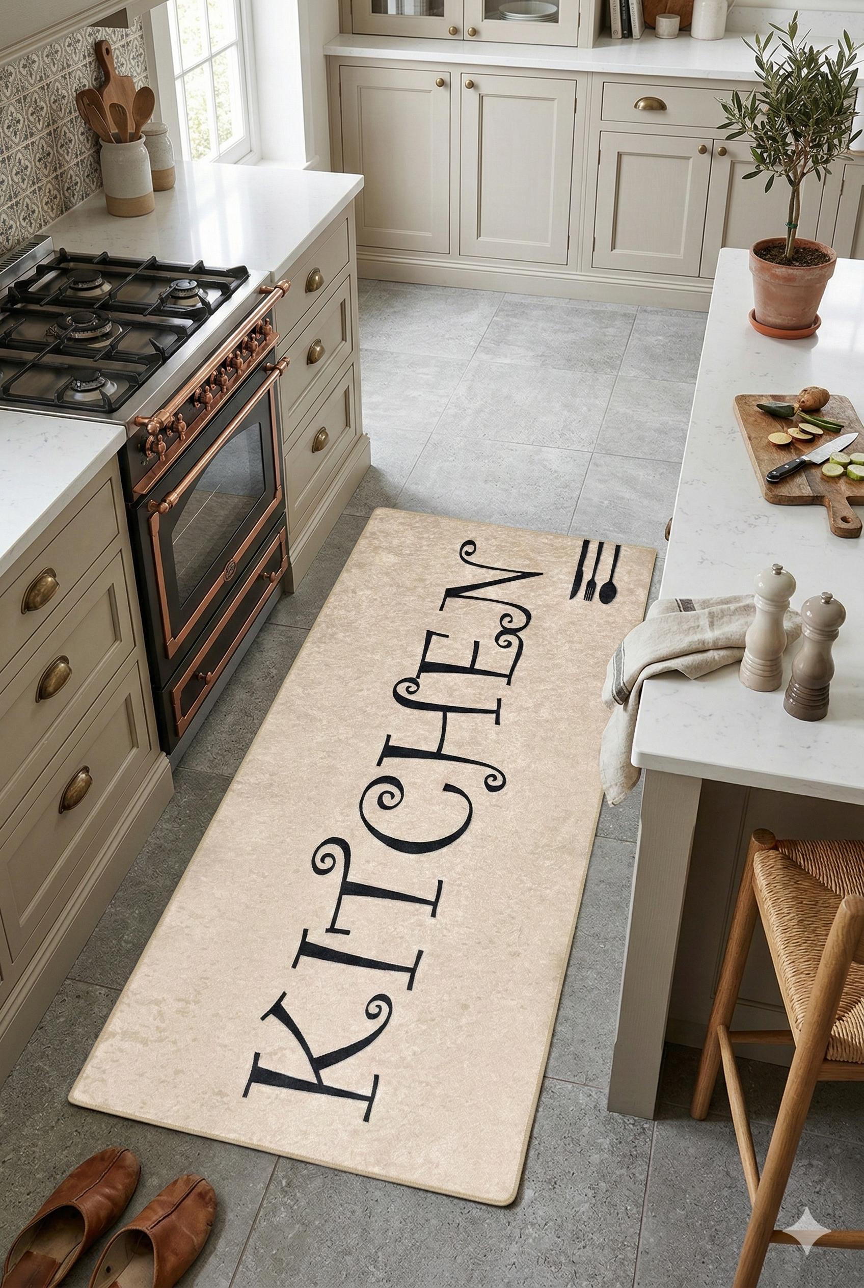 Large Kitchen Runner Mat, Decorative Calligraphy, Farmhouse Floor Rug
