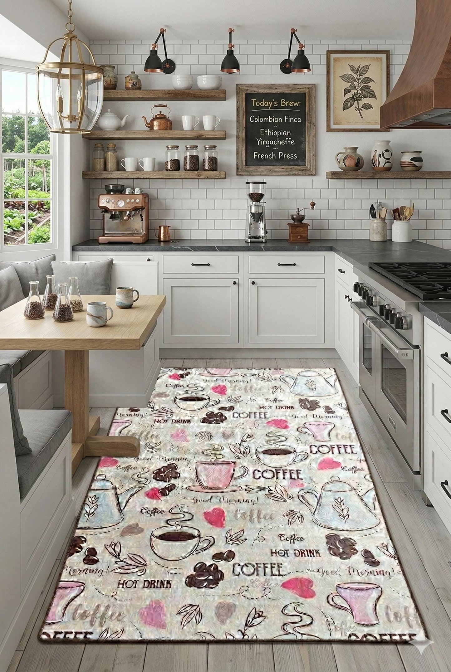 Whimsical Coffee Runner Rug – Illustrated Mugs, Teapots, Hearts Kitchen Decor