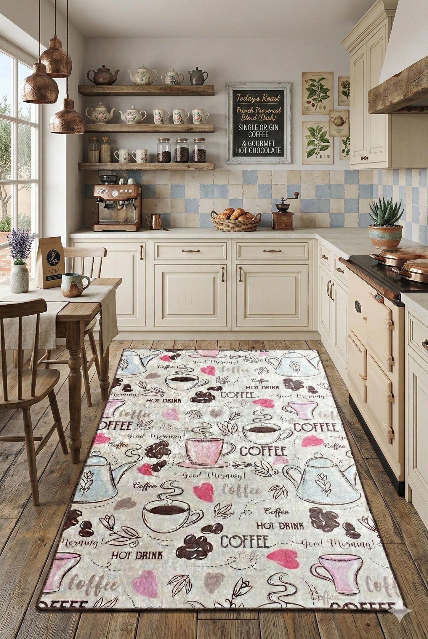 Whimsical Coffee Runner Rug – Illustrated Mugs, Teapots, Hearts Kitchen Decor