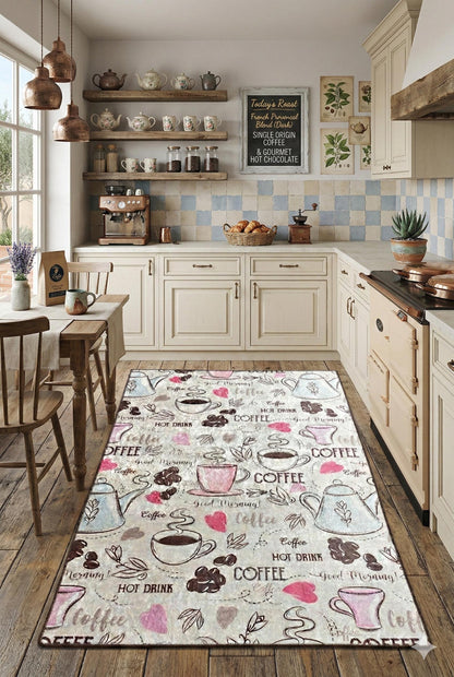 Whimsical Coffee Runner Rug – Illustrated Mugs, Teapots, Hearts Kitchen Decor