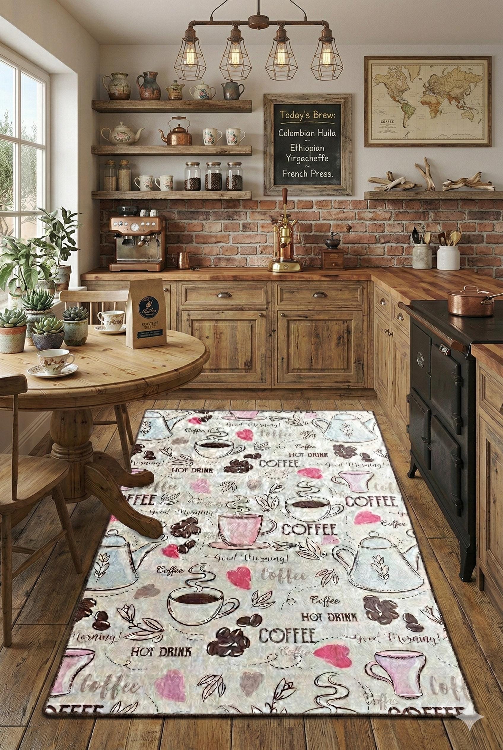 Whimsical Coffee Runner Rug – Illustrated Mugs, Teapots, Hearts Kitchen Decor