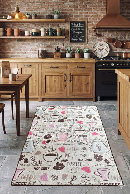 Whimsical Coffee Runner Rug – Illustrated Mugs, Teapots, Hearts Kitchen Decor