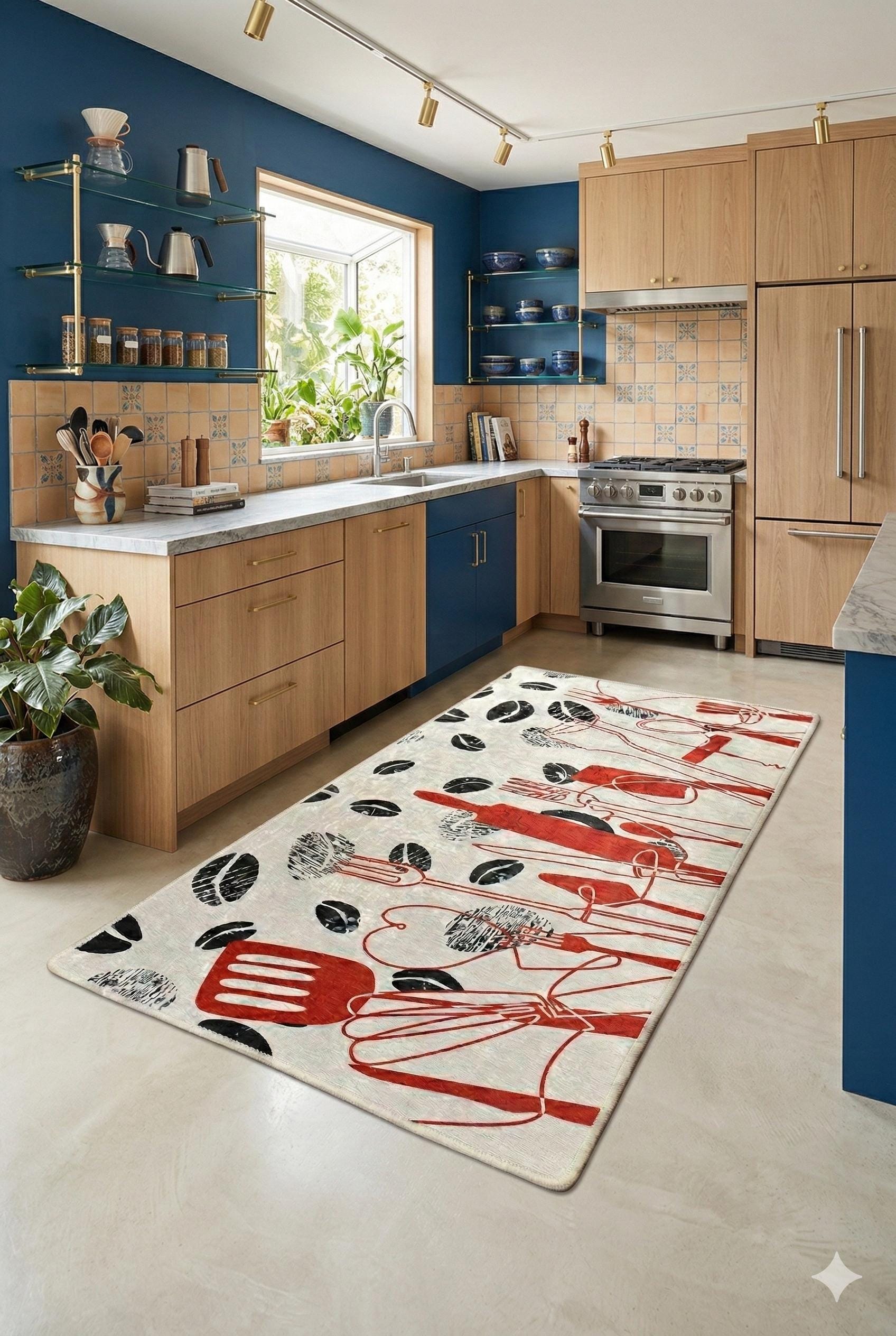 Modern Kitchen Rug | Red Black Utensil Coffee Bean Print, Non-Slip Mat
