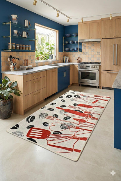 Modern Kitchen Rug | Red Black Utensil Coffee Bean Print, Non-Slip Mat