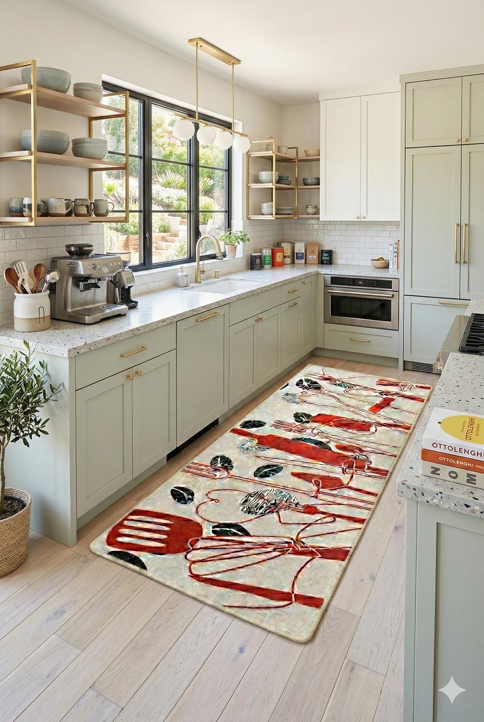 Modern Kitchen Rug | Red Black Utensil Coffee Bean Print, Non-Slip Mat