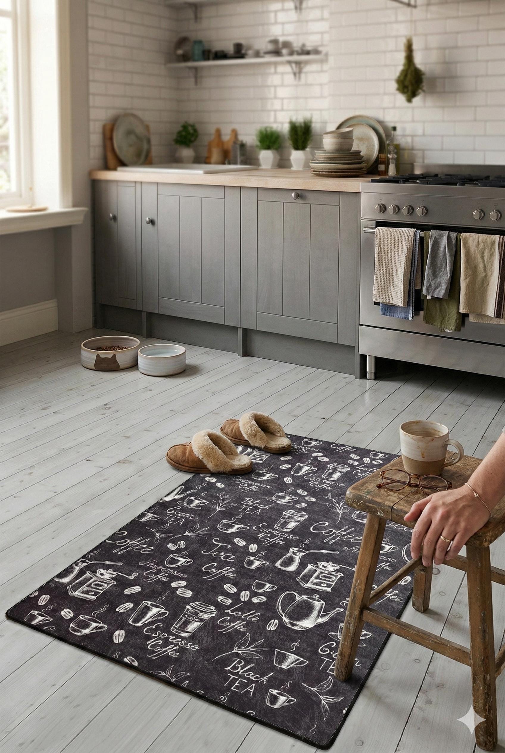 Chalkboard Coffee Kitchen Rug, Non-Slip Runner, Farmhouse Espresso Decor