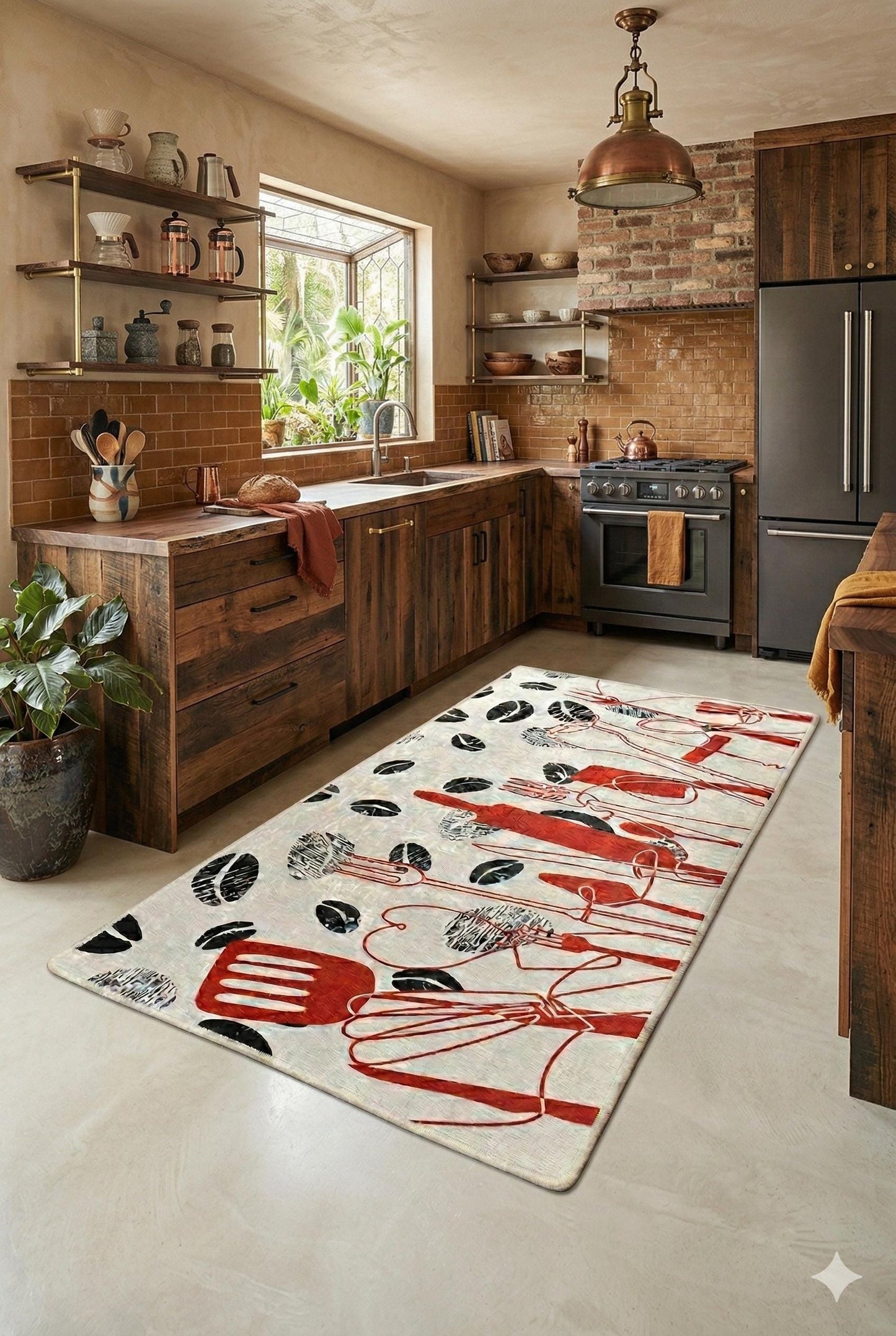 Modern Kitchen Rug | Red Black Utensil Coffee Bean Print, Non-Slip Mat
