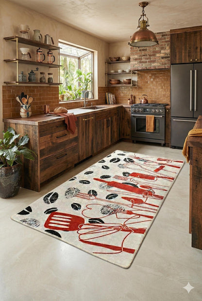 Modern Kitchen Rug | Red Black Utensil Coffee Bean Print, Non-Slip Mat