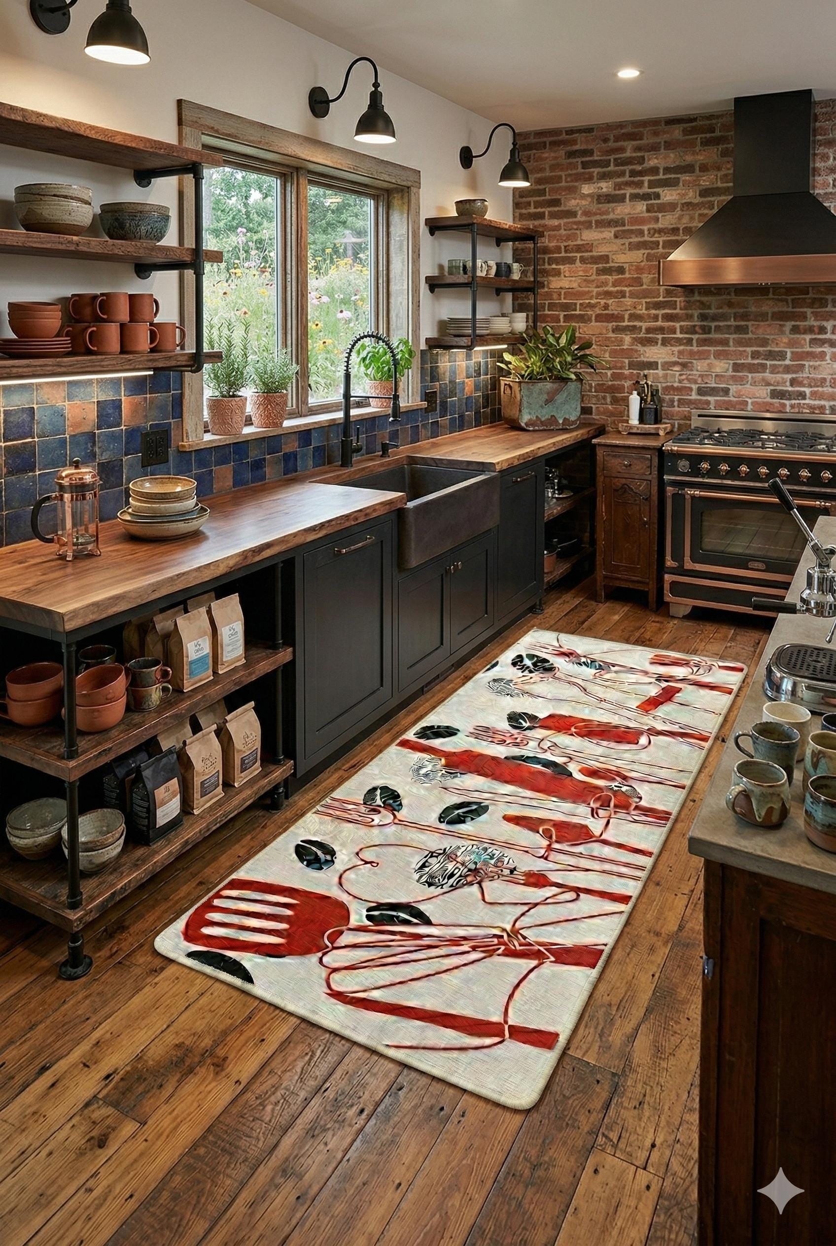 Modern Kitchen Rug | Red Black Utensil Coffee Bean Print, Non-Slip Mat