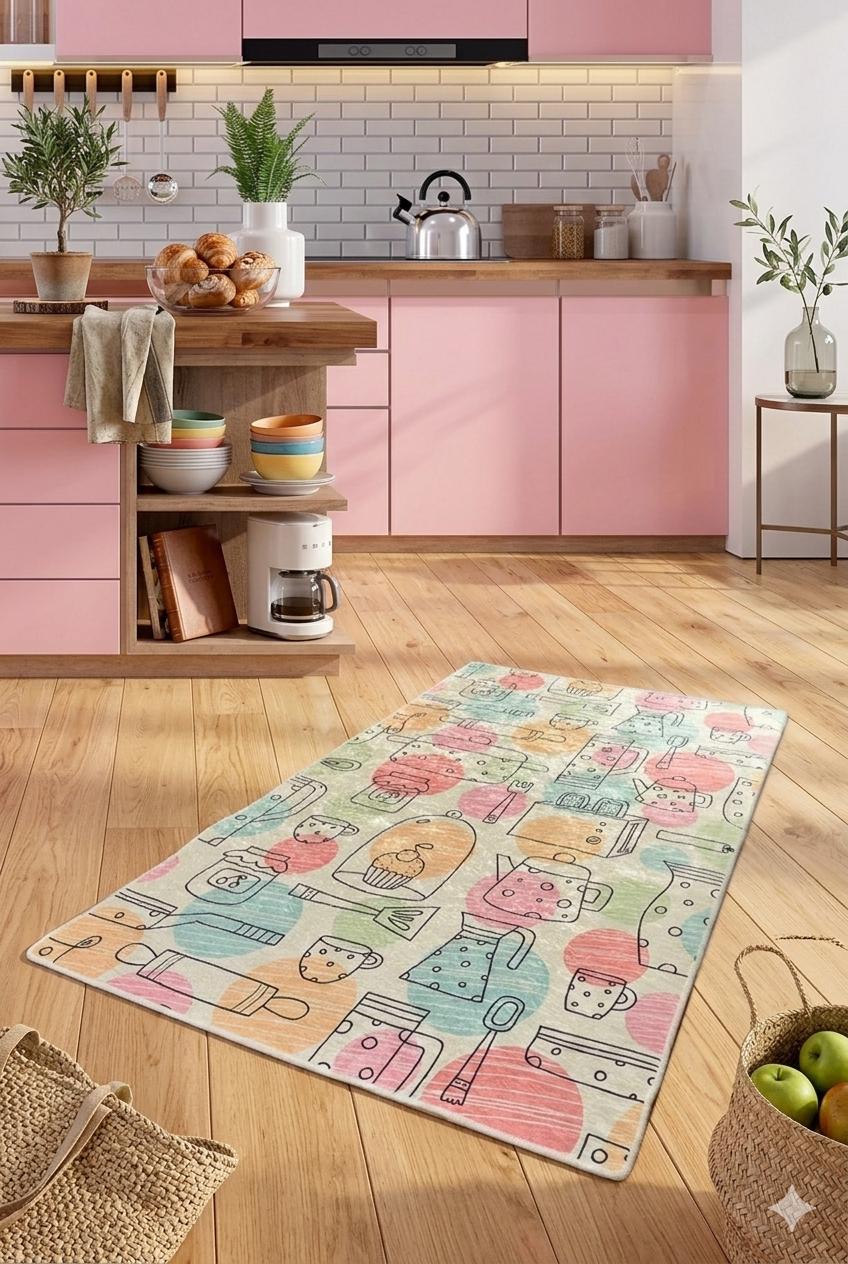 Pastel Kitchen Runner Rug, Hand-Drawn Baking and Coffee Pattern Floor Mat