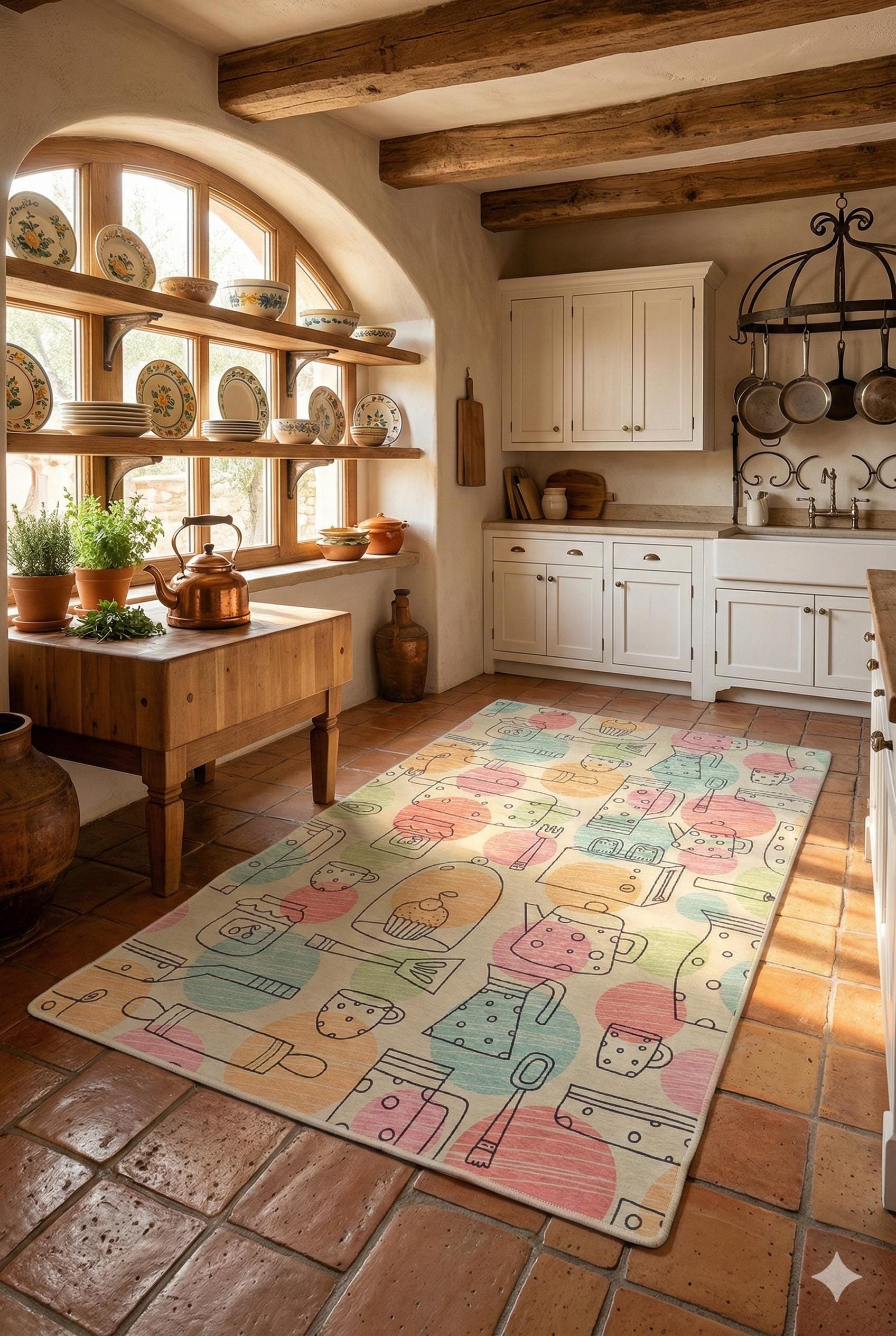 Pastel Kitchen Runner Rug, Hand-Drawn Baking and Coffee Pattern Floor Mat