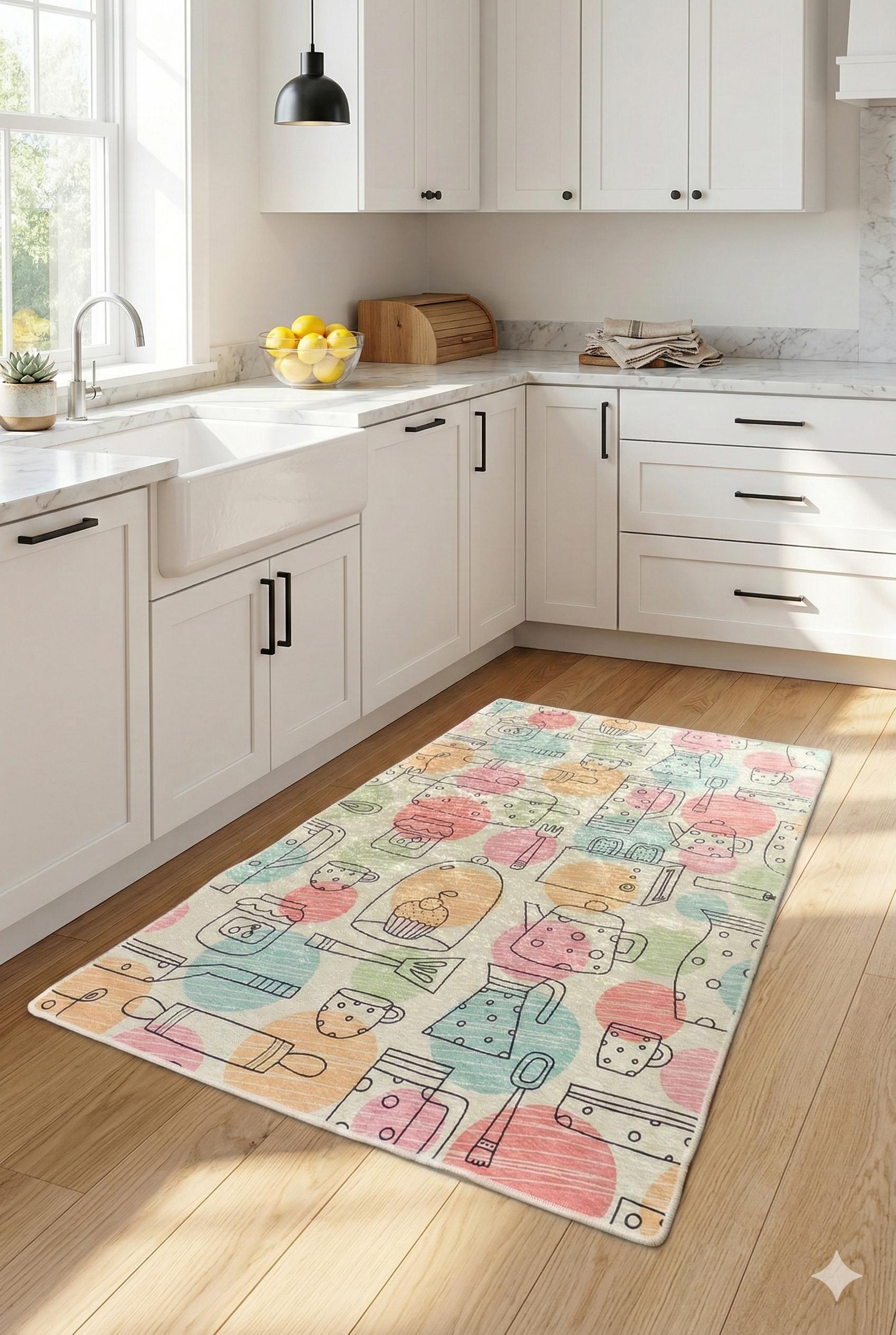 Pastel Kitchen Runner Rug, Hand-Drawn Baking and Coffee Pattern Floor Mat
