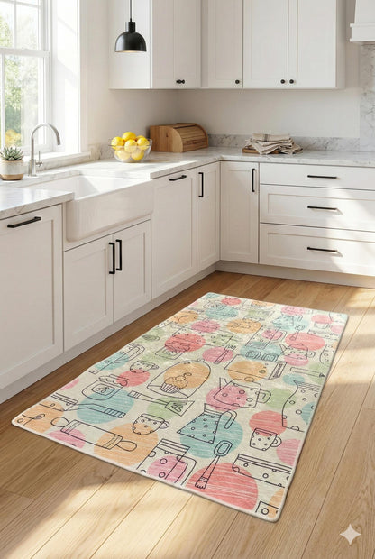 Pastel Kitchen Runner Rug, Hand-Drawn Baking and Coffee Pattern Floor Mat