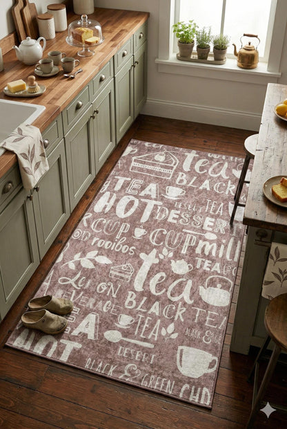Washable Kitchen Runner Rug – Tea Coffee Typography Carpet, Non Slip Farmhouse Floor Mat