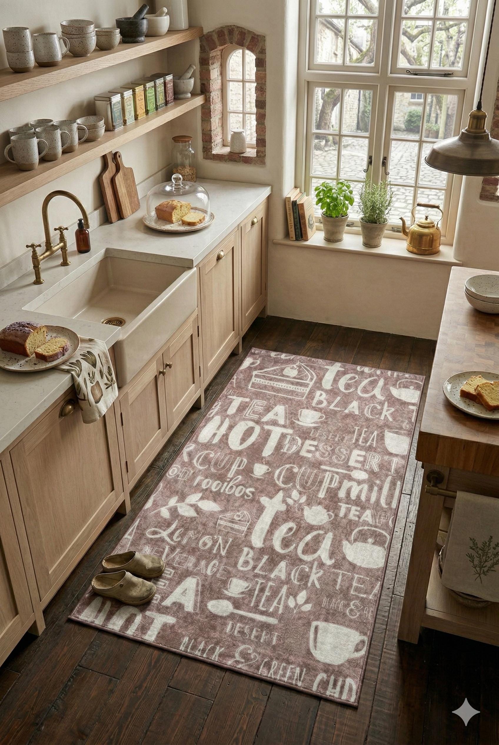 Washable Kitchen Runner Rug – Tea Coffee Typography Carpet, Non Slip Farmhouse Floor Mat