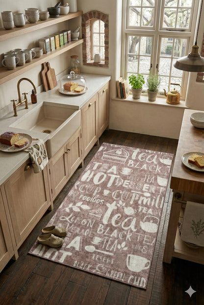 Washable Kitchen Runner Rug – Tea Coffee Typography Carpet, Non Slip Farmhouse Floor Mat