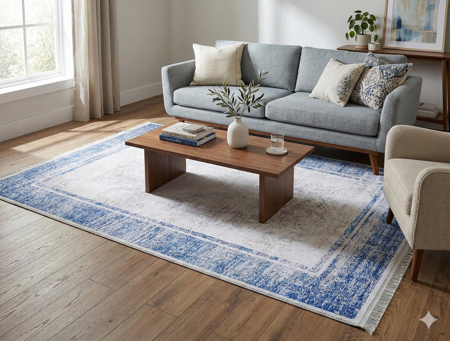 Distressed Blue Border Area Rug, Minimalist Scandinavian Living Room Carpet