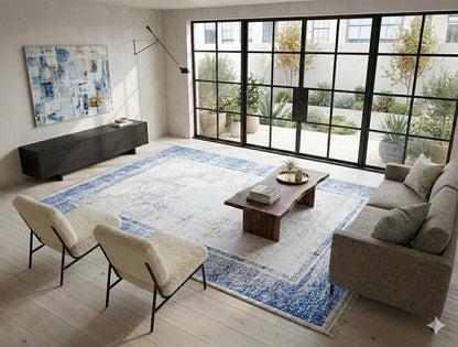 Distressed Blue Border Area Rug, Minimalist Scandinavian Living Room Carpet