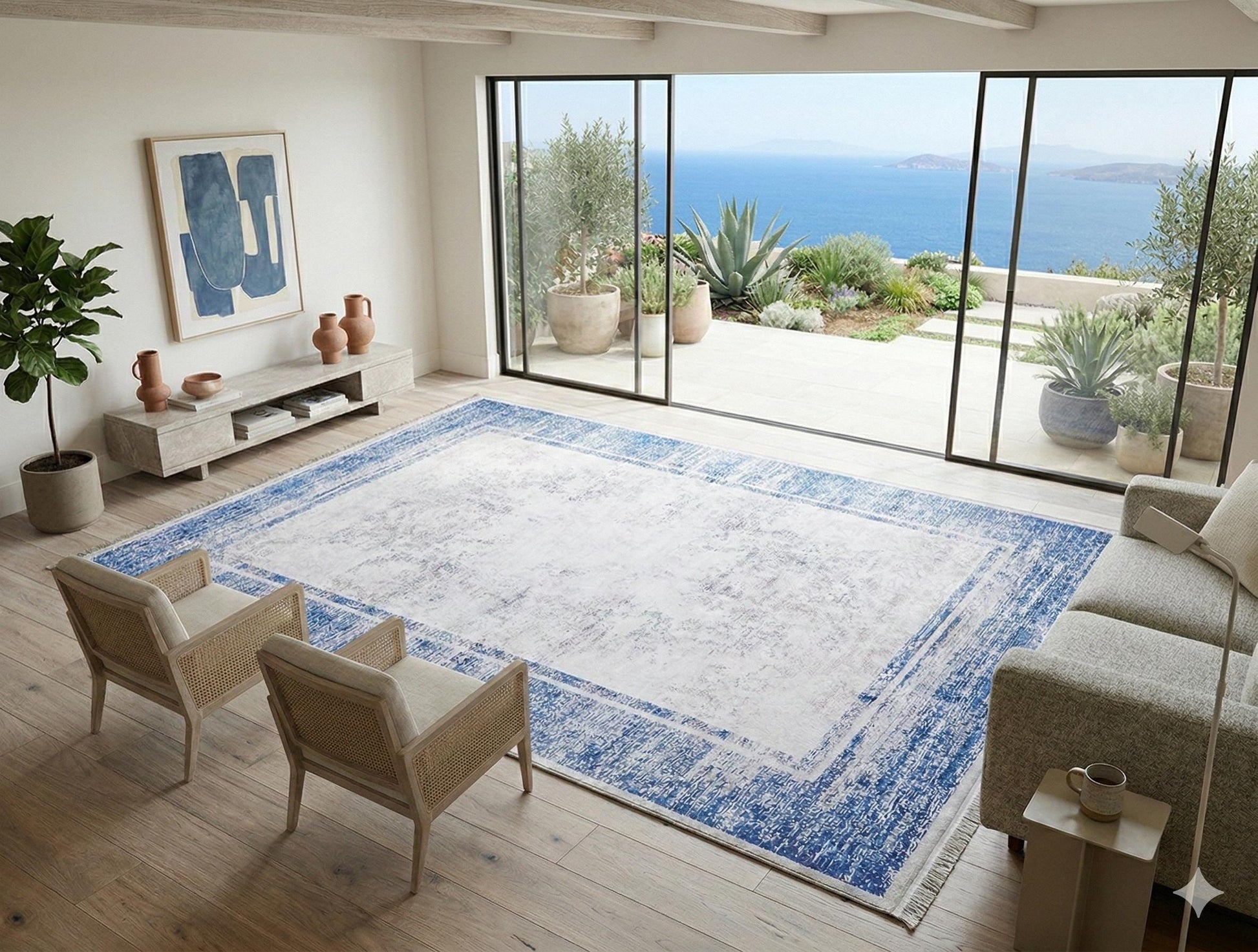 Distressed Blue Border Area Rug, Minimalist Scandinavian Living Room Carpet