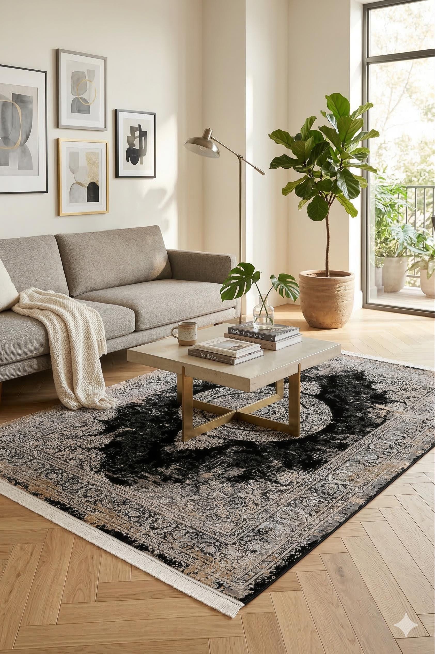 7x10 ft, Black Classic medallion Silk Rug: Fine viscose carpet with Fringes