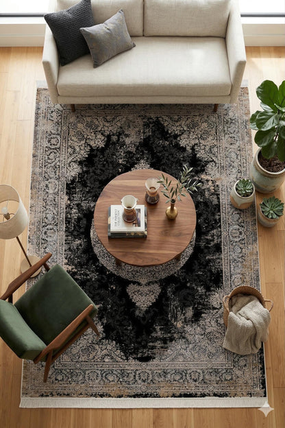 7x10 ft, Black Classic medallion Silk Rug: Fine viscose carpet with Fringes