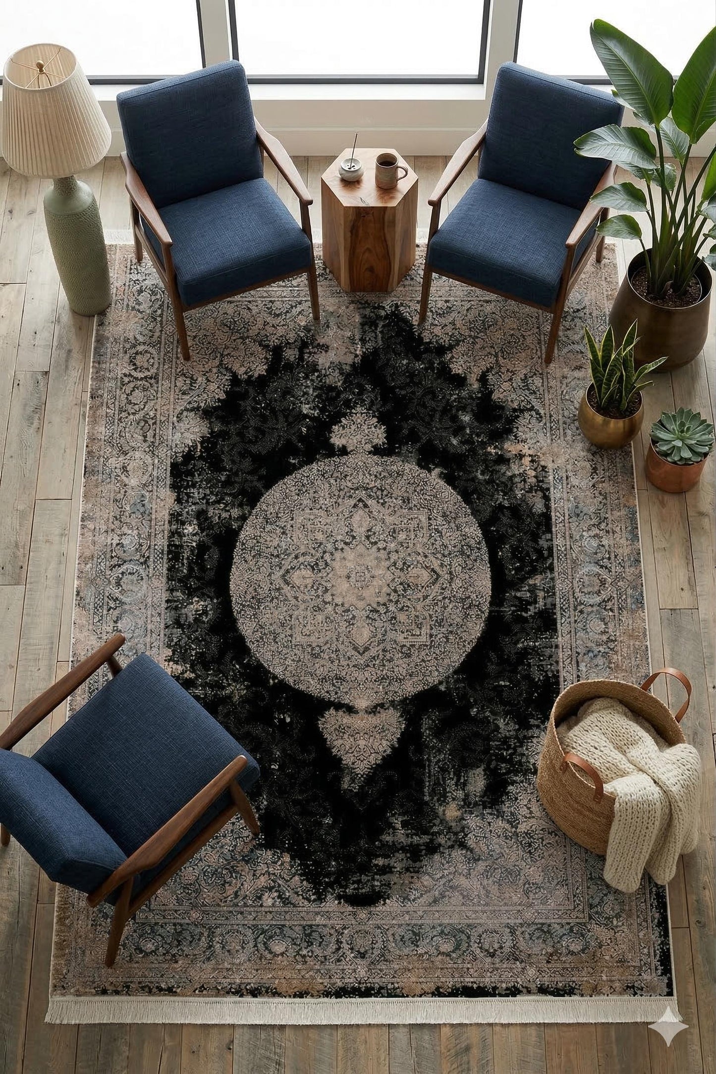 7x10 ft, Black Classic medallion Silk Rug: Fine viscose carpet with Fringes