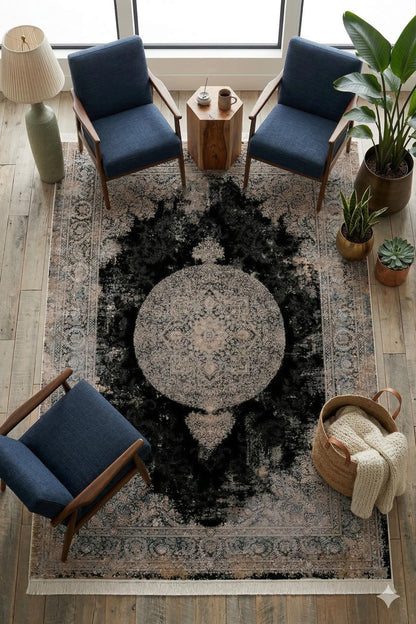 7x10 ft, Black Classic medallion Silk Rug: Fine viscose carpet with Fringes