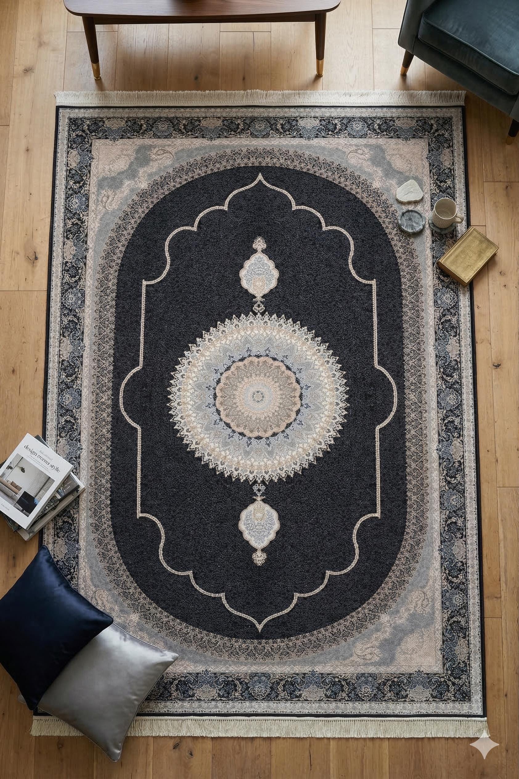5x7 ft, Black Classic Medallion Silk Rug with bamboo yarn: Oriental design carpet