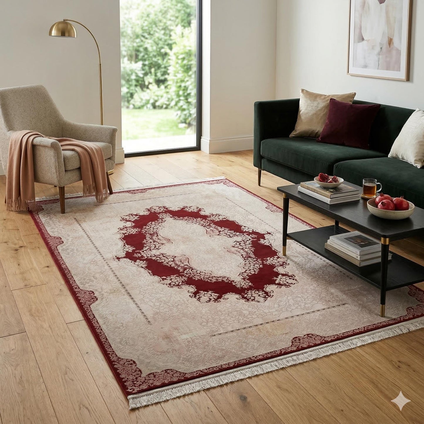 7x10ft, Burgundy Classic Medallion Rug, Bamboo Yarn, Hand-Finished Silk Tassels
