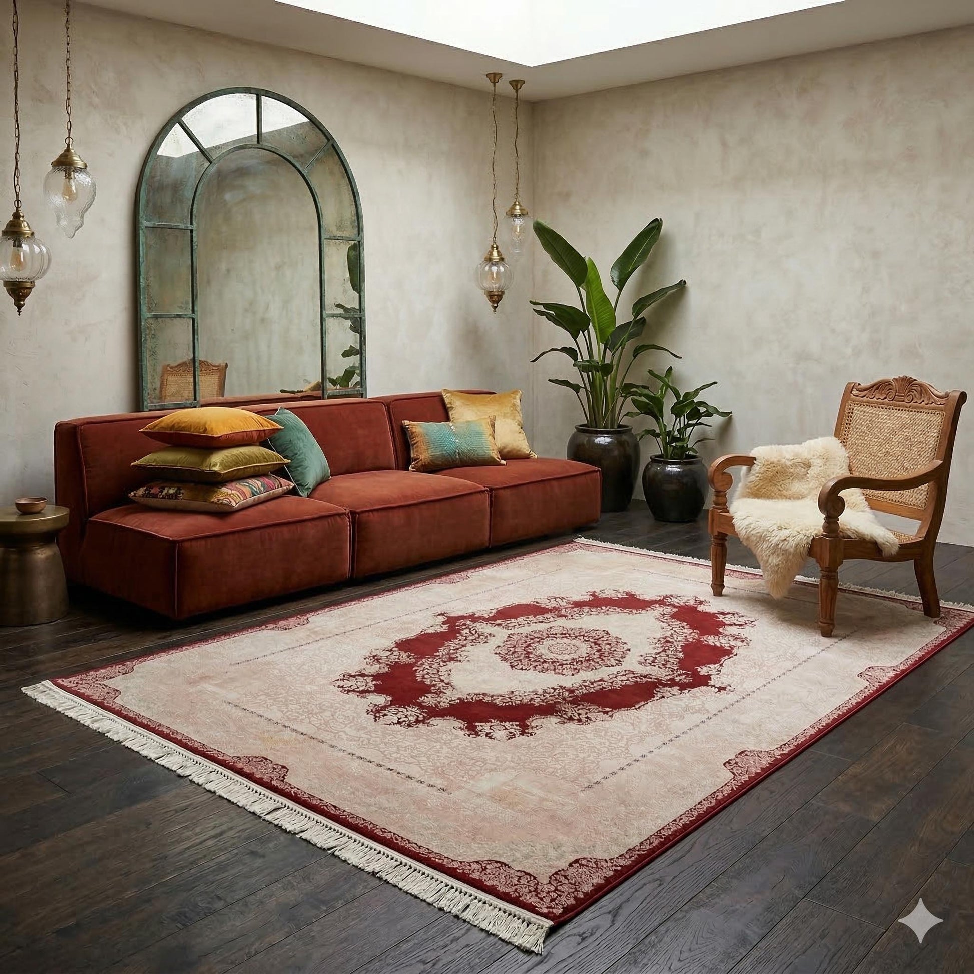 7x10ft, Burgundy Classic Medallion Rug, Bamboo Yarn, Hand-Finished Silk Tassels