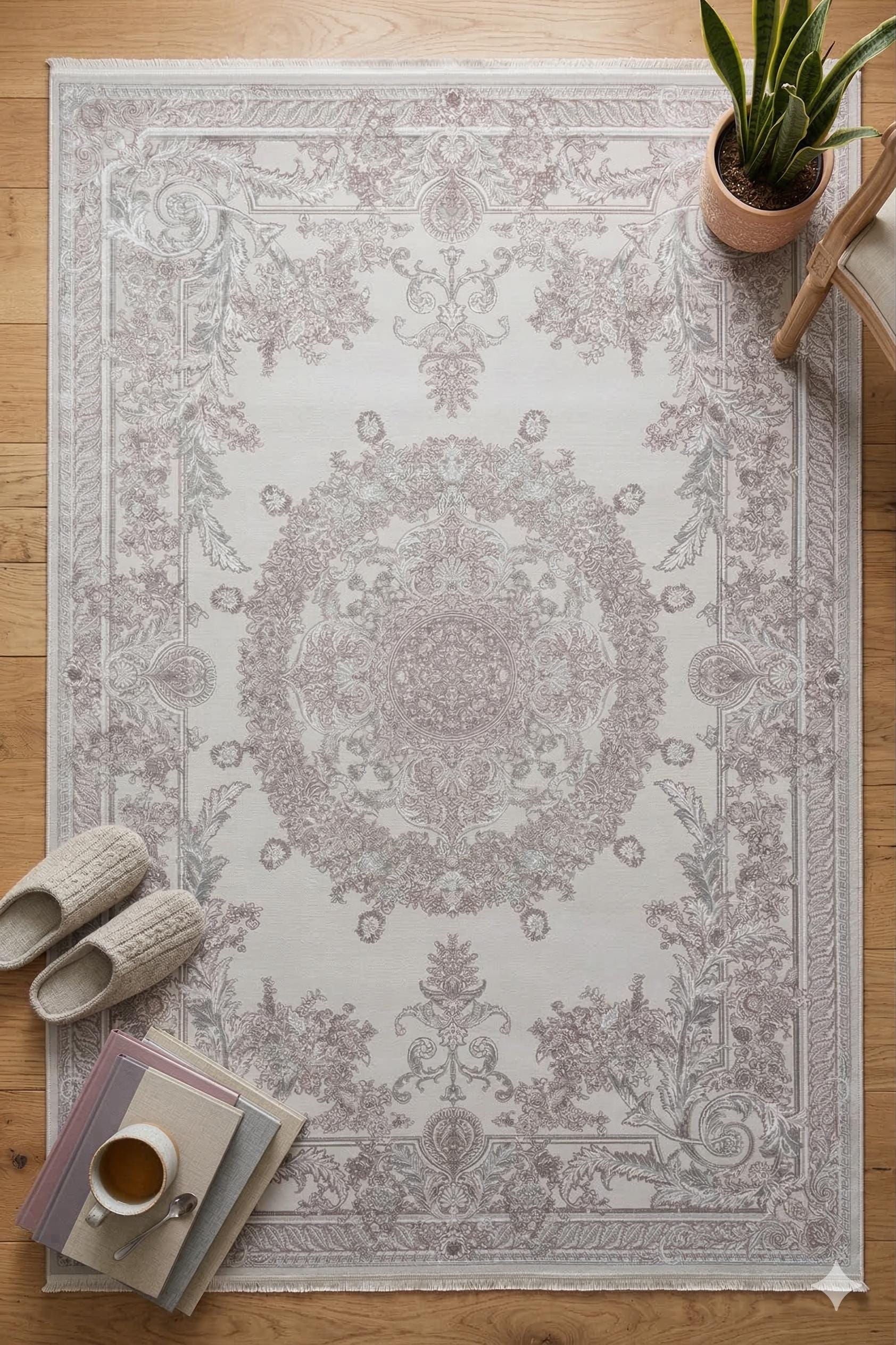 7x10 ft, Classic beige medallion Bamboo Rug with fine Fringes